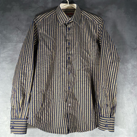 Robert Graham Shirt Mens Small Blue White Striped Tailored Fit Floral Flip Cuff - Picture 2 of 11